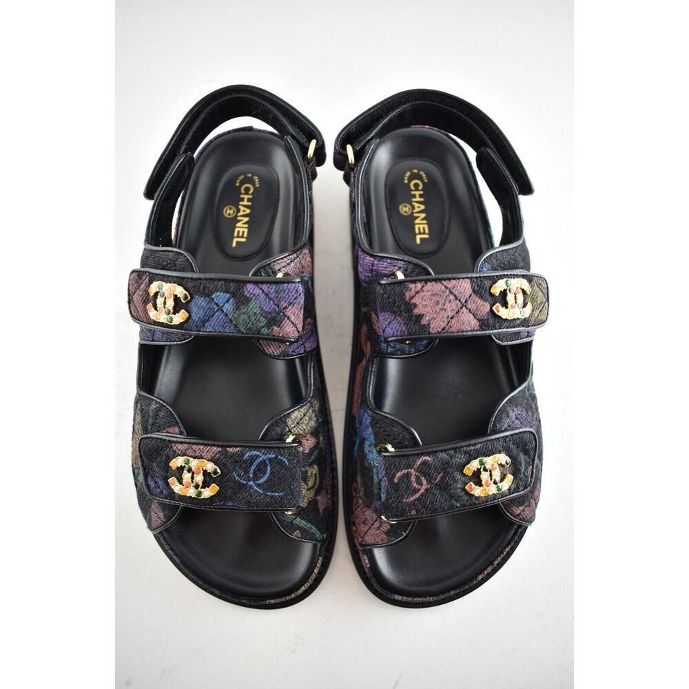 Chanel 21A Black Denim Graffiti CC Logo Mule Slide Strap Flat Dad Sandal 35.5 - Picture 8 of 11